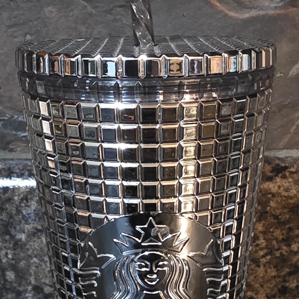 Starbucks Metallic Silver Grid Tumbler